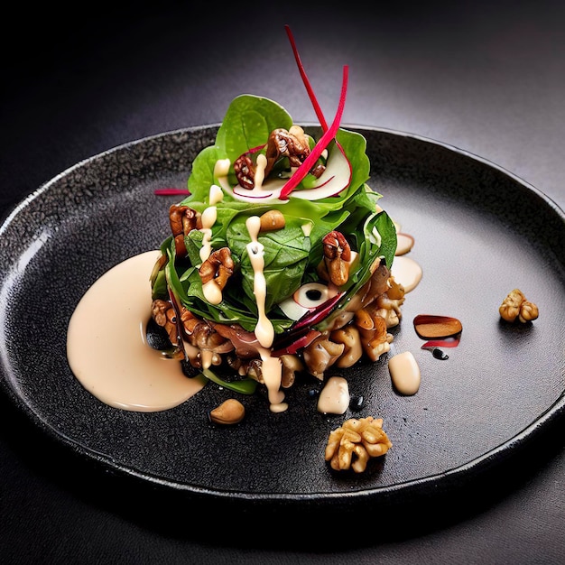 Ensalada de alta cocina con salsa de nueces y rábano en un plato negro con fondo oscuro