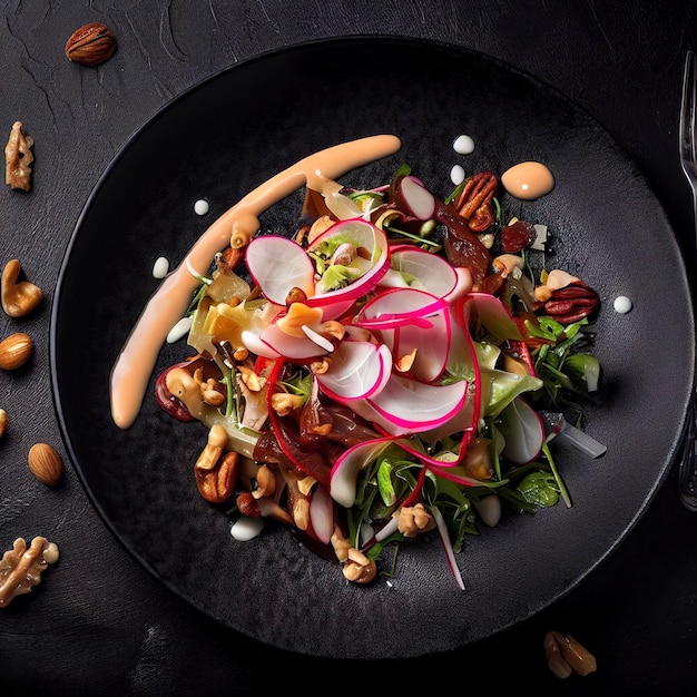 Ensalada de alta cocina con salsa de nueces y rábano en un plato negro con fondo oscuro