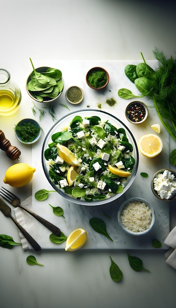 Ensalada de arroz de espinaca griega con feta y eneldo