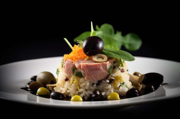 Foto ensalada de atún deliciosa ensalada de pescado almuerzo mediterráneo con conservas de atún verdes aceitunas cebolla y lechuga en fondo negro ilustración generativa de ia