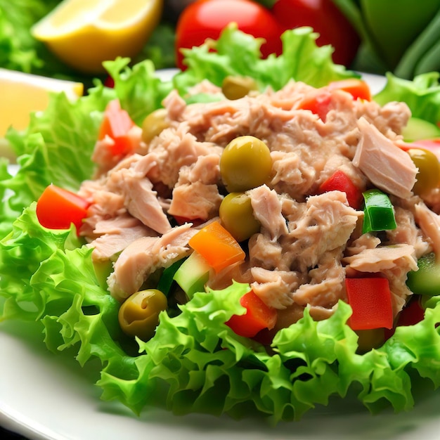 Ensalada de atún enlatado con verduras en hojas de lechuga en un plato