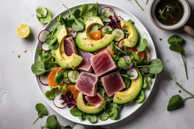 Ensalada de atún a la plancha con aguacate sobre fondo blanco en plato blanco vista desde arriba disparo arriba IA generativa