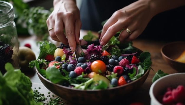 Ensalada de bayas frescas, una comida gourmet saludable generada por IA