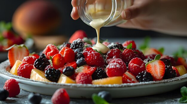 ensalada de bayas frescas en un tazón blanco cubierta con ensalada cremosa aderezo frutas saludables y deliciosas