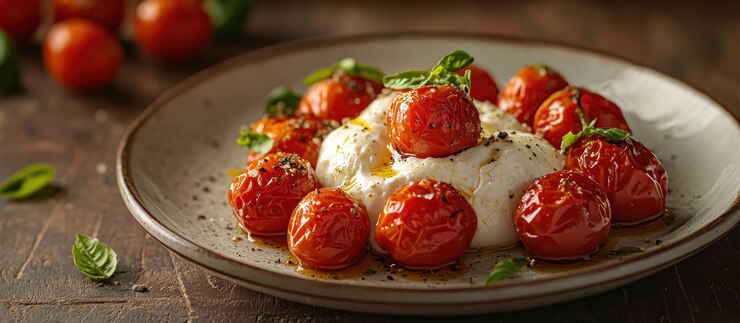 Ensalada de Burrata con tomates de cereza asados