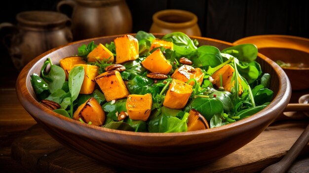 Ensalada de calabaza asada con espinaca y nuez ensalada verde saludable con AI generativa asada