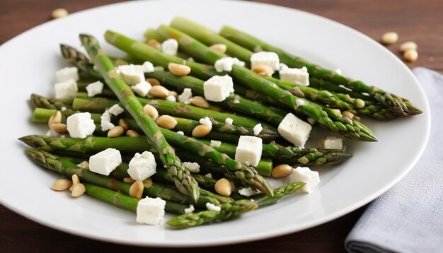 ensalada caliente con espárragos queso feta piñones y limón