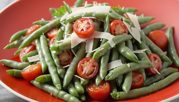 Ensalada caliente con frijoles verdes tomates y queso parmesano