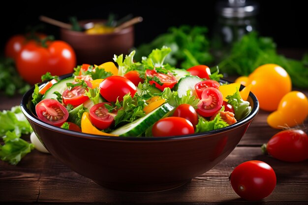 Ensalada de caprese fresca con tomates cereza y verduras orgánicas en un plato