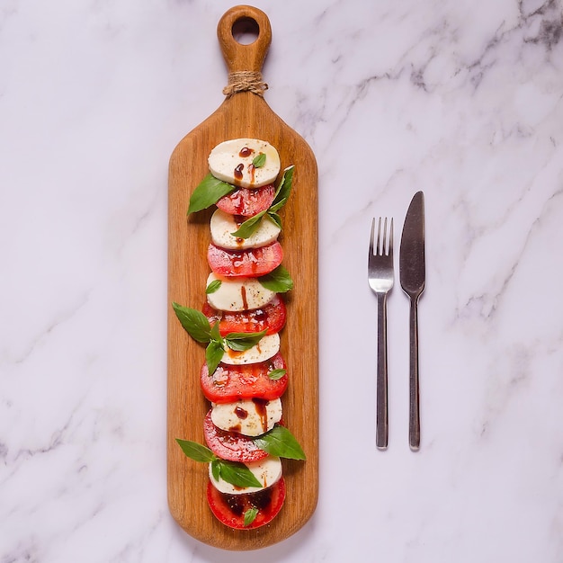 Ensalada caprese italiana con rodajas de tomate, mozzarella, albahaca, aceite de oliva en una tabla de servir de madera