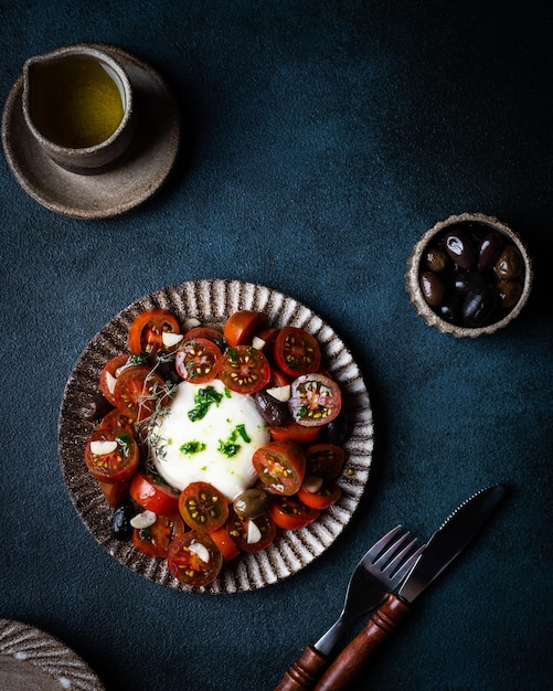 Ensalada caprese italiana con rodajas de tomate queso mozzarella aceite de oliva sobre fondo oscuro Vista superior Ensalada de tomate negro con burrata y ajo Comida reconfortante Consumo sostenible