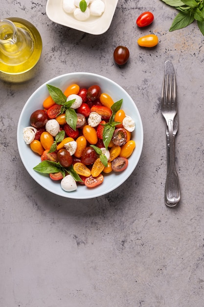 Ensalada caprese italiana con tomates, queso mozzarella, albahaca, aceite de oliva, vista superior.