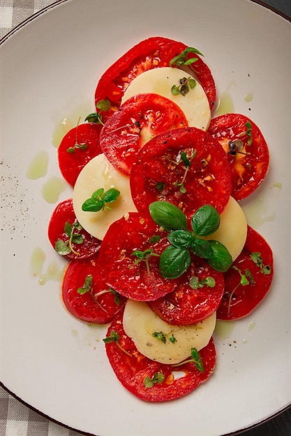 Ensalada Caprese plato tradicional italiano tomates con queso mozzarella albahaca y especias vista superior nadie
