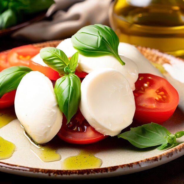 Ensalada Caprese con tomate, mozzarella, albahaca y aceite de oliva en un plato