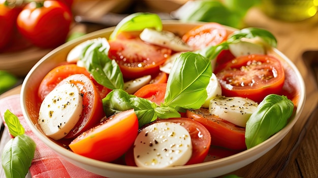 Ensalada de caprese con tomates maduros, mozzarella fresca y albahaca Plato del restaurante y especialidad de la casa que se sirve de cerca Concepto de excelencia culinaria y sofisticación Generado por IA