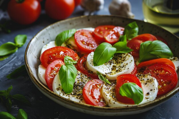 Ensalada caprese con tomates en rodajas mozzarella albahaca aceite de oliva Orgánico y saludable IA generativa