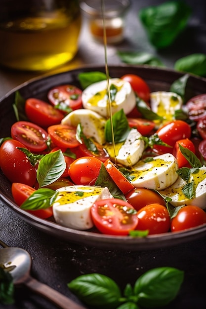 Ensalada caprese tradicional italiana Ensalada fresca con tomates, albahaca, mozzarella y oli IA generativa