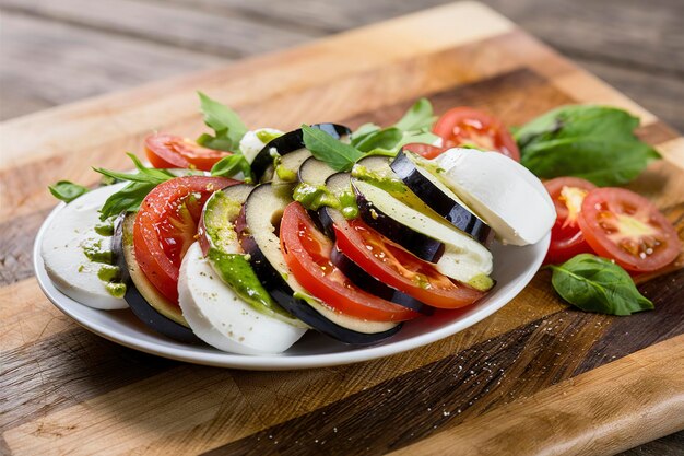 Ensalada de caprese de verano con berenjena a la parrilla y pesto