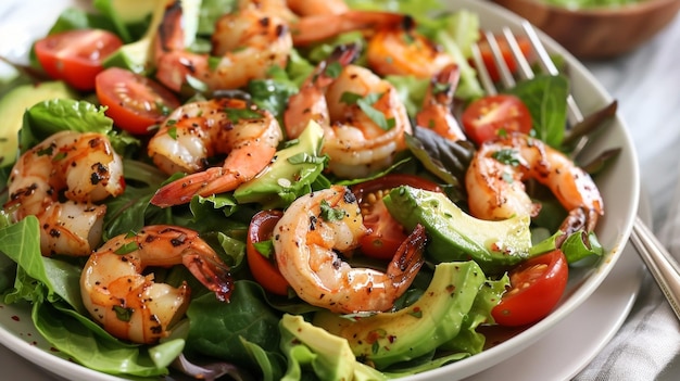 Una ensalada cargada de verduras de hojas verdes tomates cereza rebanadas de aguacate y camarones a la parrilla vestidos con un