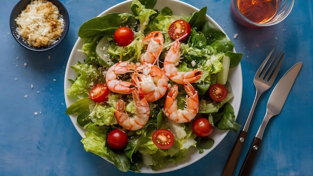 Foto ensalada césar de camarón con pan de lechuga relleno de tomate cereza y parmesán