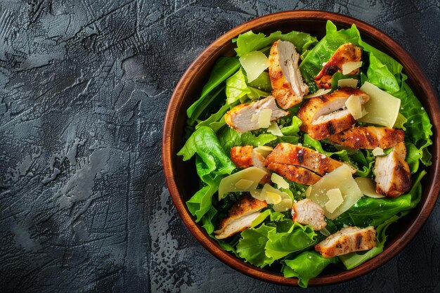 Ensalada César Ensalada de lechuga verde con pollo y queso parmesano Ensalada César Espacio de copia