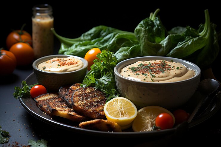 Foto ensalada césar con un lado de aioli picante
