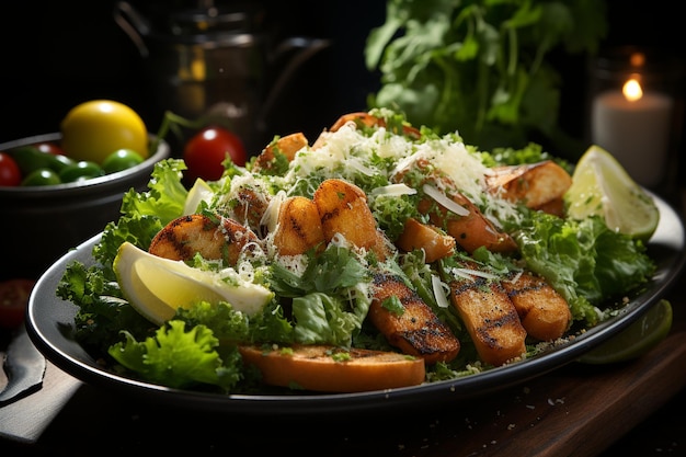 Ensalada César con un lado de papas fritas gourmet