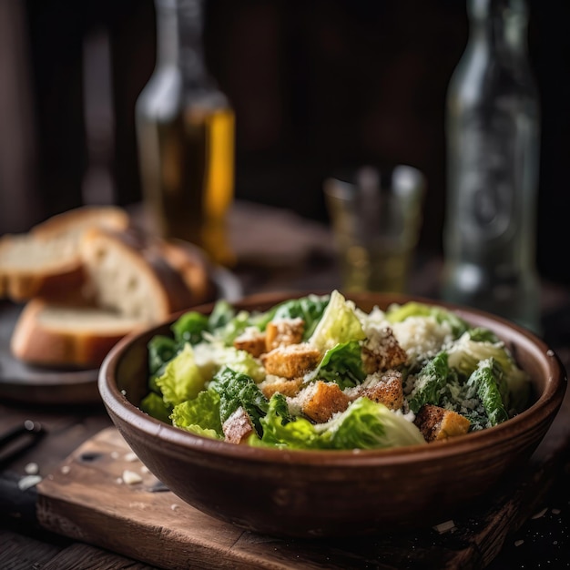 Ensalada César A La Piedra En Pub Rústico AI Generativa