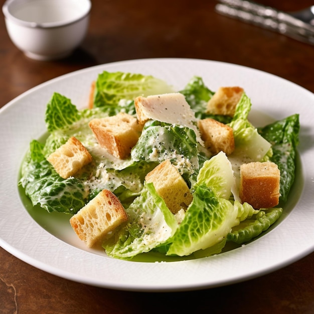 Ensalada César en un plato blanco