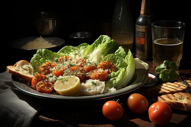 Ensalada César con un poco de vino envejecido