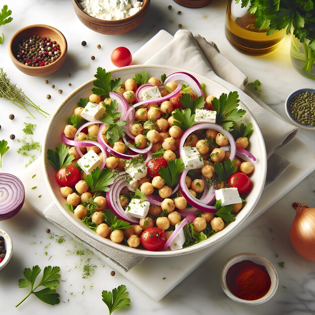 Ensalada de chickpea griega con feta en el mostrador de mármol