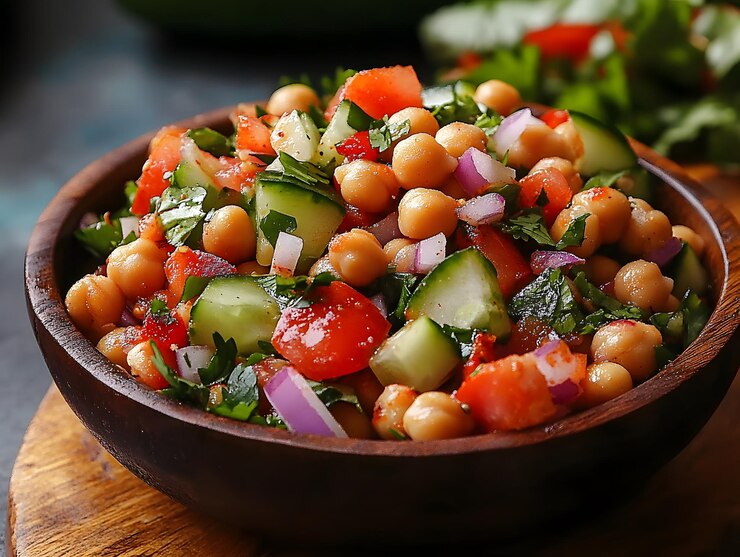 La ensalada de chickpea india consiste en especias indias, verduras y aderezo de lima picante generado por la IA.