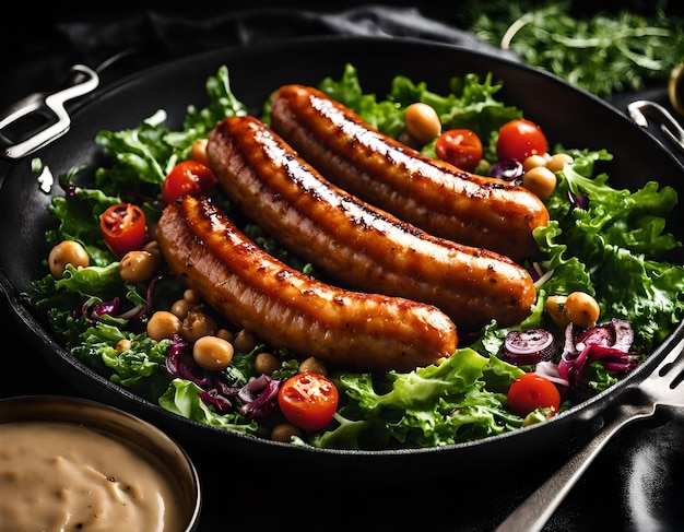 Ensalada de chickpea y salchichas fritas sobre un fondo oscuro