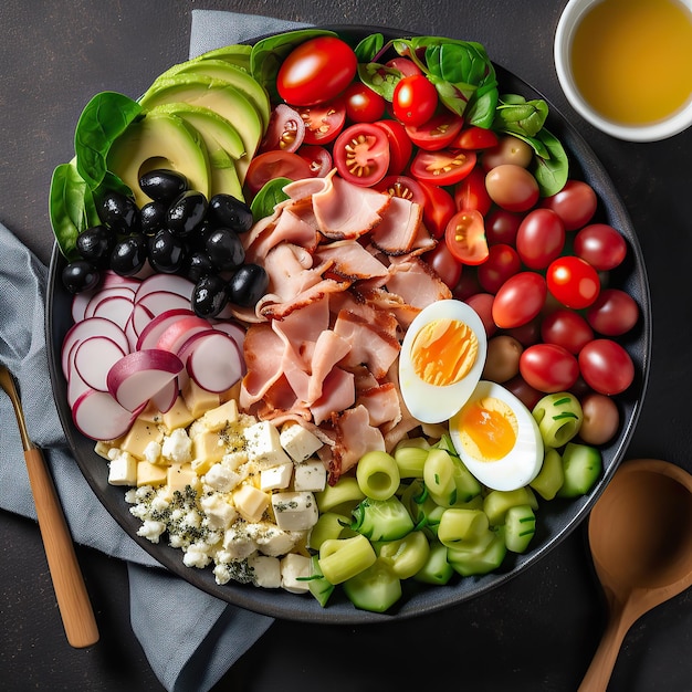 Ensalada cobb saludable con jamón pepino tomate aceitunas queso feta aguacate huevos Vista superior IA generativa