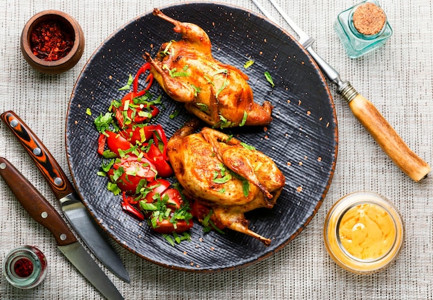 Ensalada de codorniz asada y verdura de primavera. Carne al horno sabrosa.