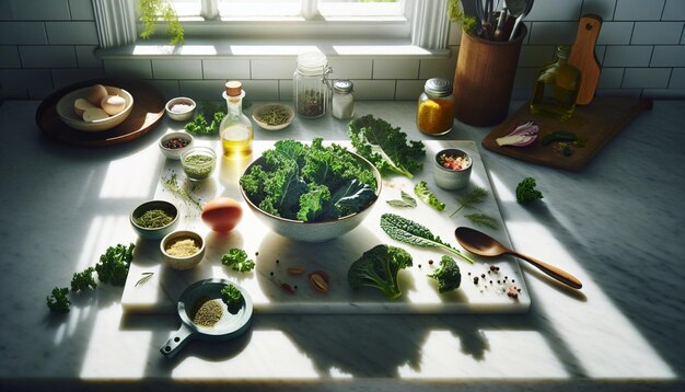 Ensalada de col fresca en el mostrador de la cocina de mármol