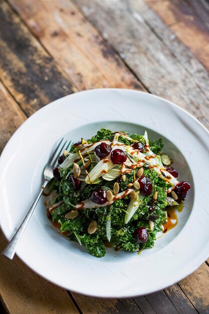 Ensalada de coles de otoño con hinojo, cerezas secas y semillas de calabaza