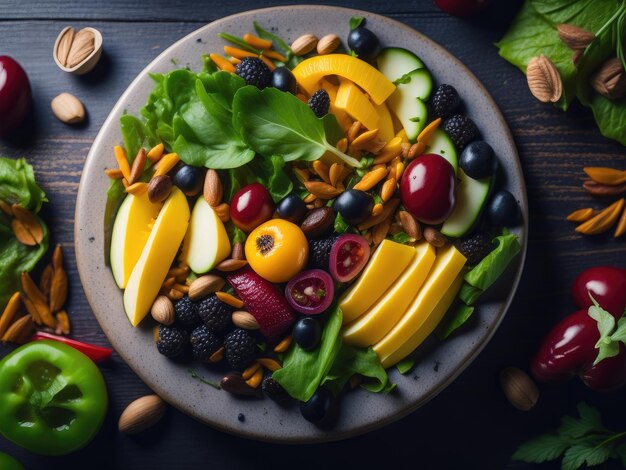 Ensalada con coloridas frutas y nueces vista superior ai generativa