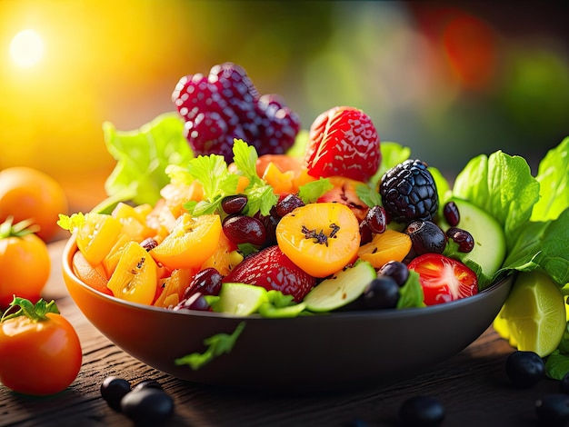 Ensalada con coloridas frutas y nueces vista superior ai generativa