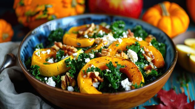 Ensalada de cosecha de otoño con manzanas de calabaza asadas y col en un cuenco de cerámica