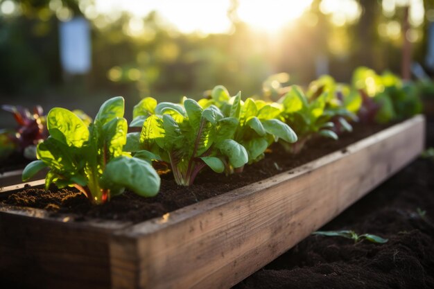 Ensalada ecológica fresca en planta de madera