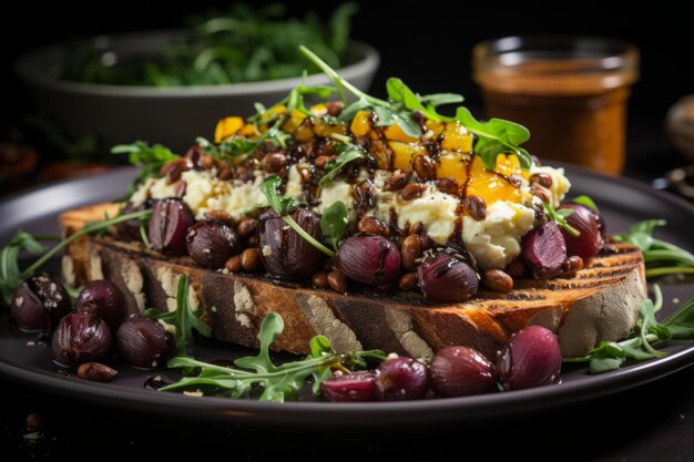 Foto ensalada de escarabajo fresco con remolacha, rúcula, cebolla púrpura y agria en un plato blanco con tostadas de calabaza