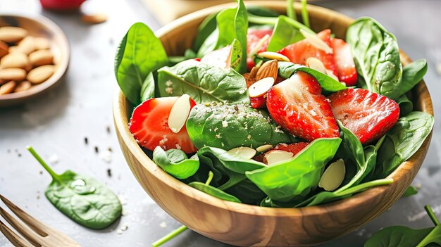 Ensalada de espinaca fresca con almendras en rodajas y fresas Plato casero que sirve comida dietética de primer plano fácil de preparar Excelencia culinaria concepto de sofisticación Generado por IA