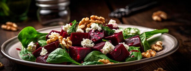 ensalada de espinaca con verduras y nueces y un fondo oscuro