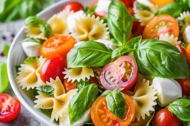 Ensalada de farfalle de color pasta con tomate, mozzarella y albahaca