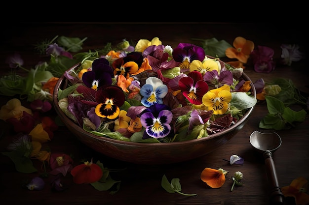 Ensalada de flores Flores comestibles Plato Pansy Salat Resumen Generativo AI Ilustración