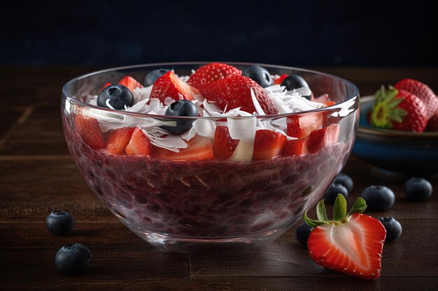 Ensalada de fresas y arándanos en recipiente de vidrio sobre mesa de madera IA generativa