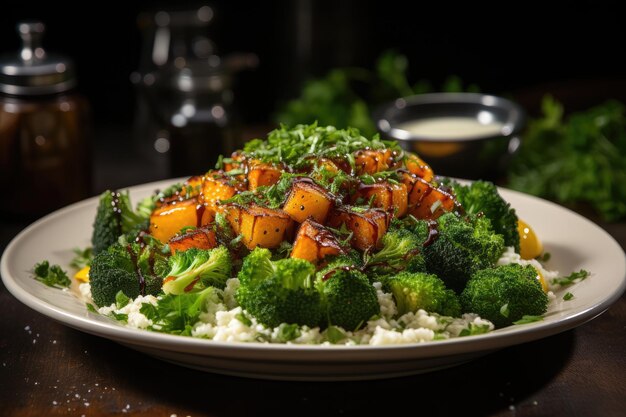 Ensalada fresca de aguacate, maíz y frijoles sobre lechuga IA generativa