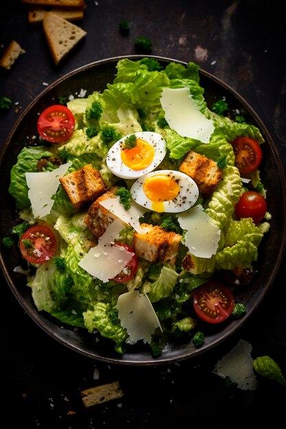 ensalada fresca de César en una mesa de madera sobre un fondo oscuro