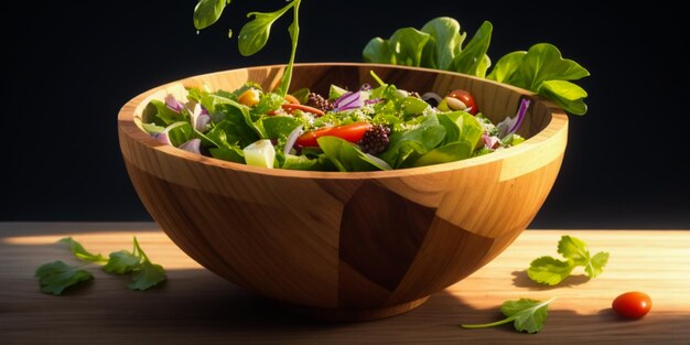 Ensalada fresca en un cuenco de madera para el almuerzo